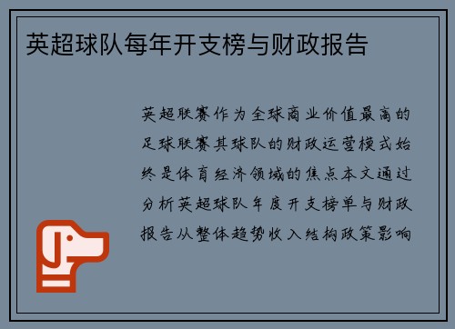 英超球队每年开支榜与财政报告